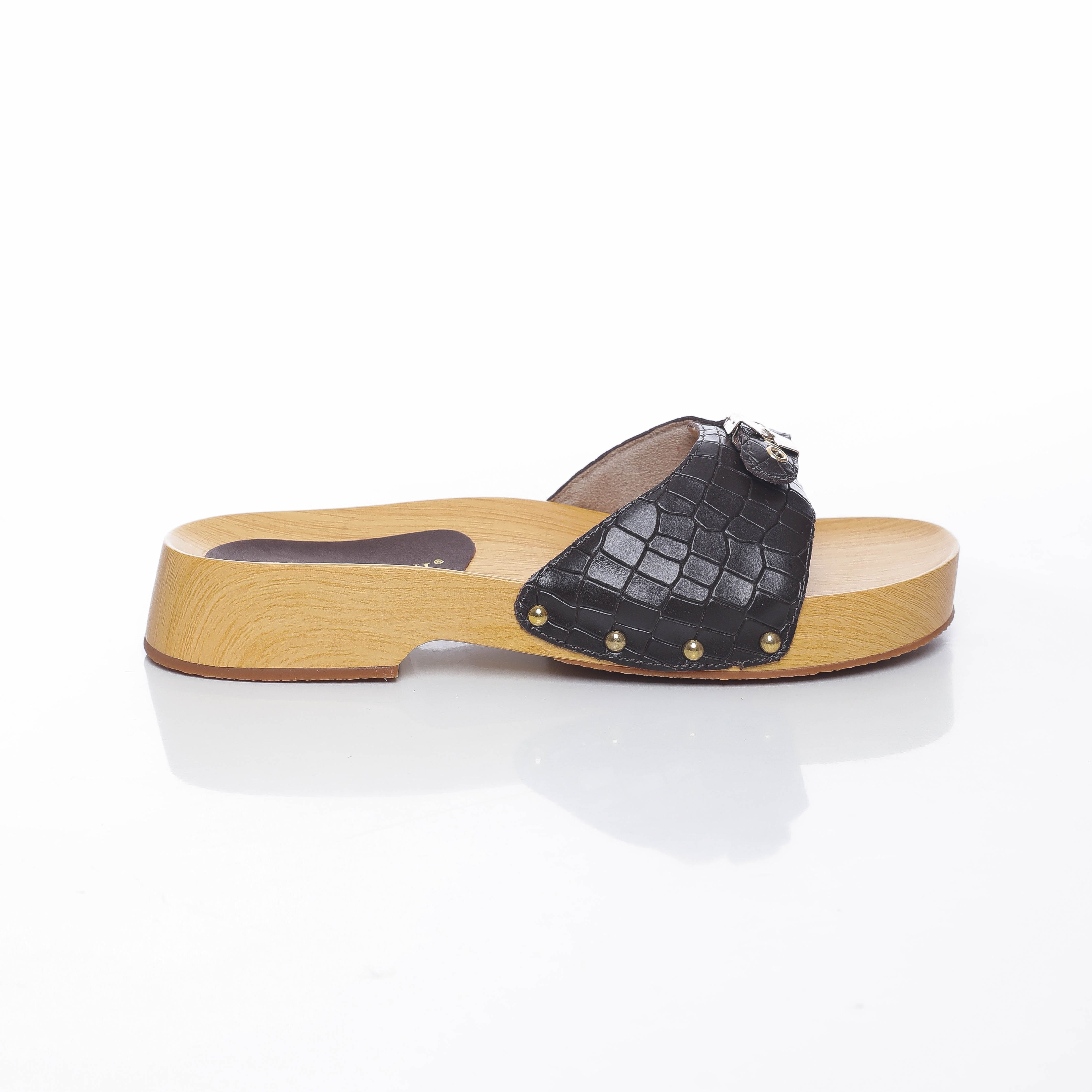mules plates avec plateforme en bois pour femme